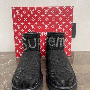 Women’s Size Euro 41 LV Supreme Black Snow Boots with Crystal Rhinestones